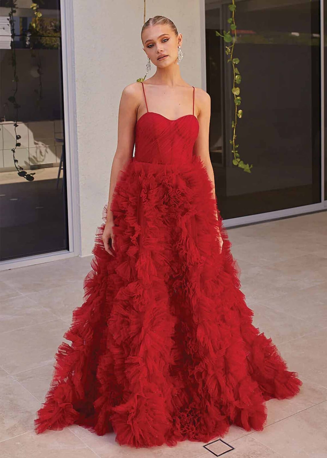 Red Ballgown With Ruffled Tulle Skirt — Aesthetic Red Carpet Dresses