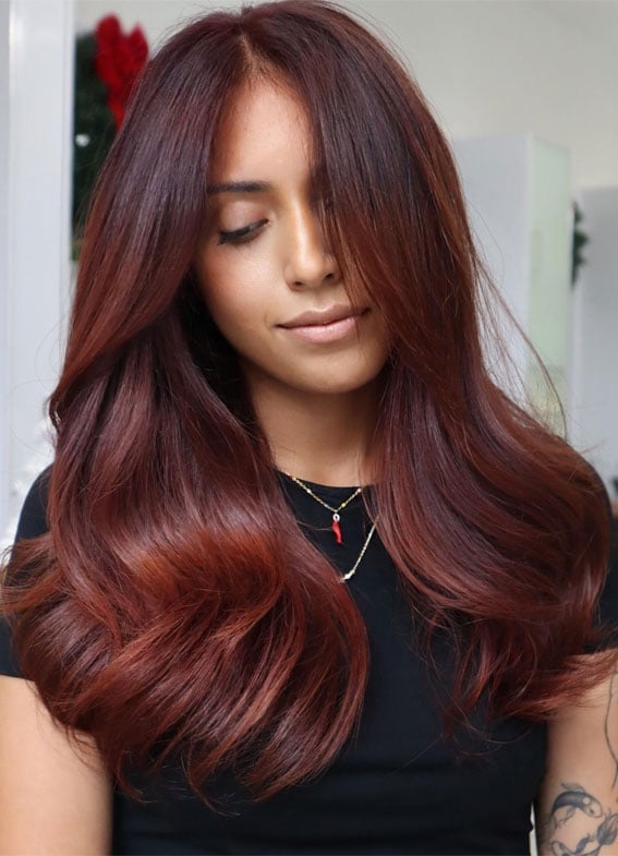 Deep Auburn Red Long Loose Waves — Aesthetic Red Hair
