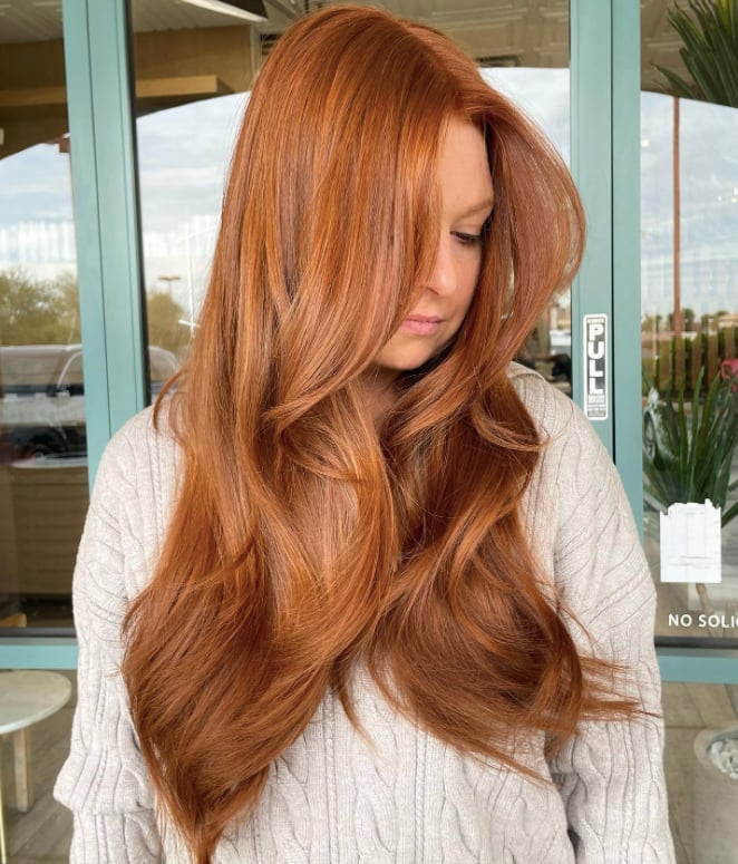 Vibrant Copper Red Long Layers With Wispy Bangs — Aesthetic Red Hair