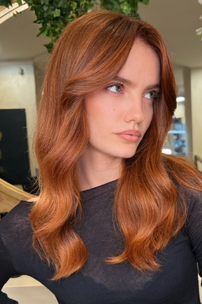 Auburn With Copper Highlights Collarbone Blowout — Aesthetic Red Hair