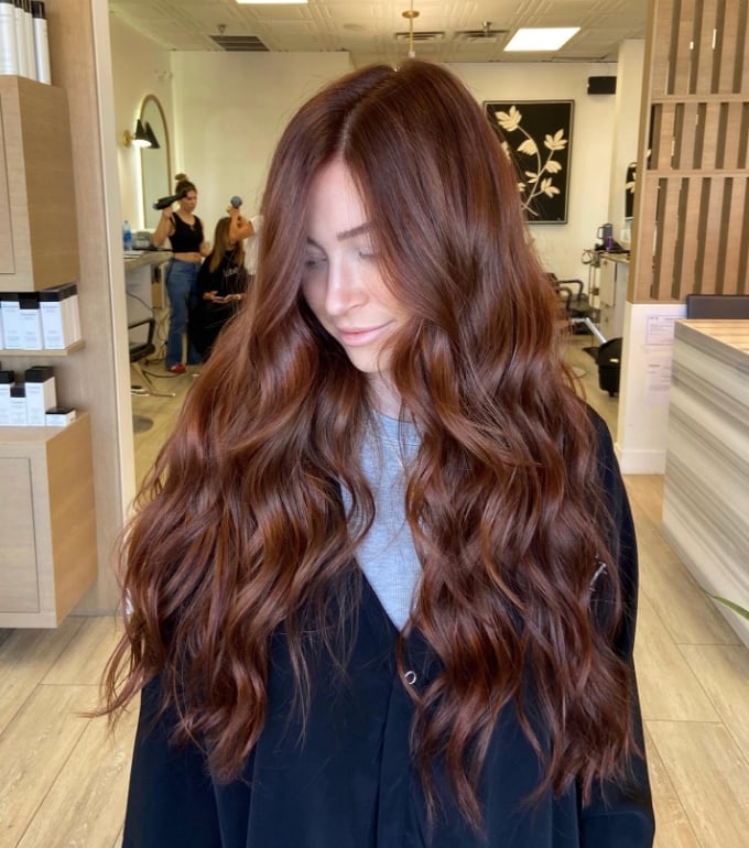 Rich Reddish-Brown Long Layers Blowout — Aesthetic Red Hair