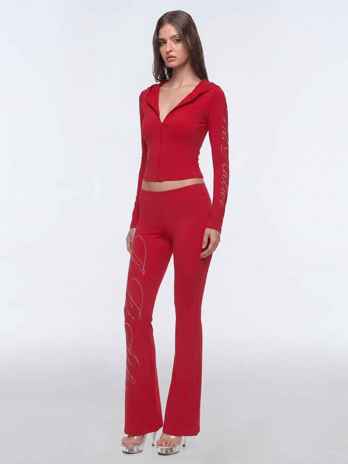 Red Hoodie with Rhinestones and Platforms Red Hoodie with Rhinestones and Platforms — Aesthetic Red Hoodie Outfit