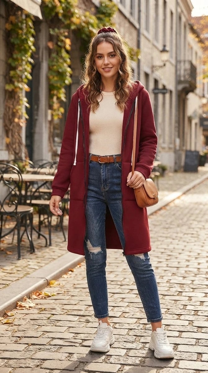 Longline Burgundy Hoodie with Distressed Jeans Longline Burgundy Hoodie with Distressed Jeans — Aesthetic Red Hoodie Outfit