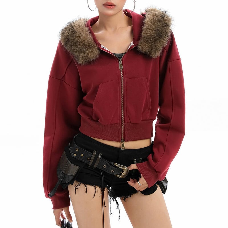 Y2K Red Cropped Hoodie with Fur Trim Y2K Red Cropped Hoodie with Fur Trim — Aesthetic Red Hoodie Outfit