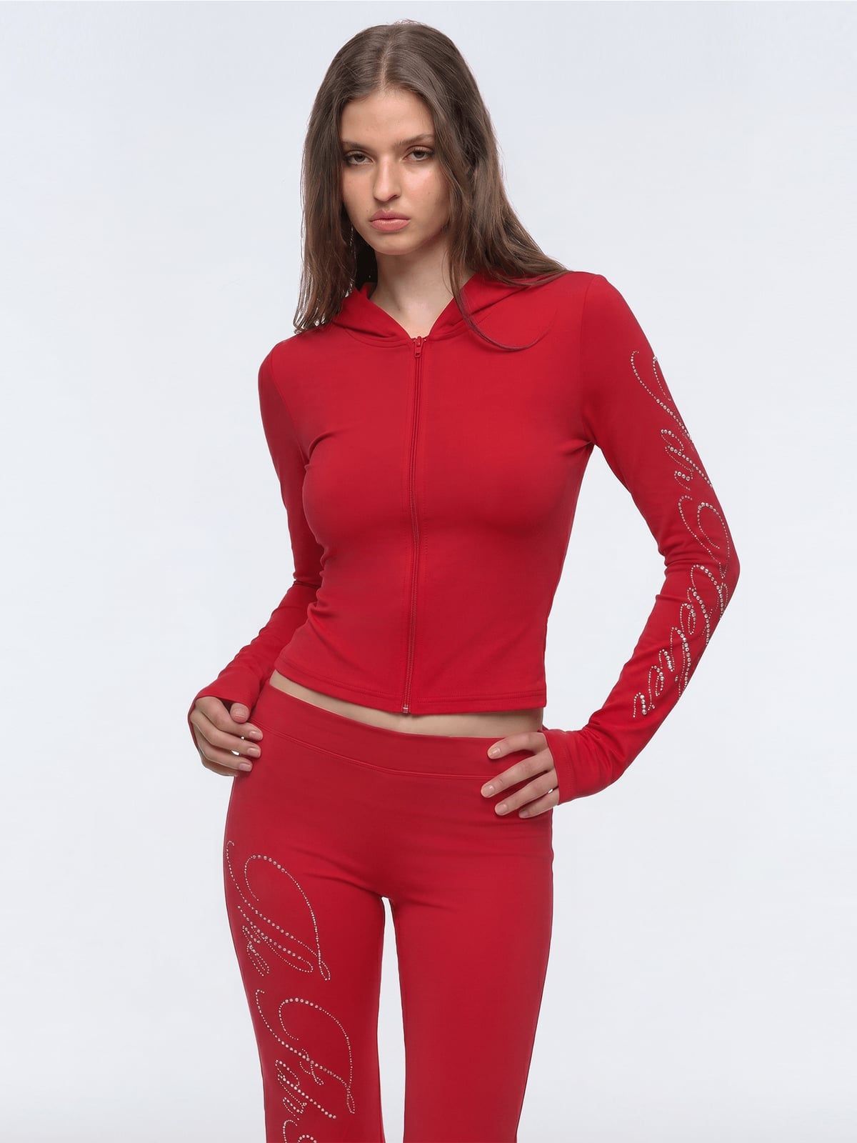 Fitted Red Hoodie with Rhinestone Flared Pants Fitted Red Hoodie with Rhinestone Flared Pants — Aesthetic Red Hoodie Outfit