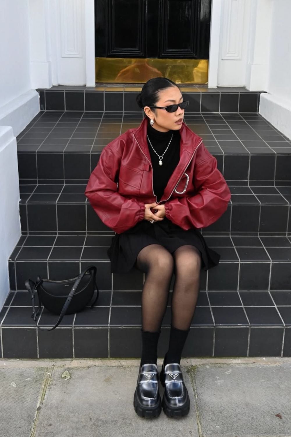 Oversized Red Leather Jacket with Skirt — Aesthetic Red Leather Jacket Outfit