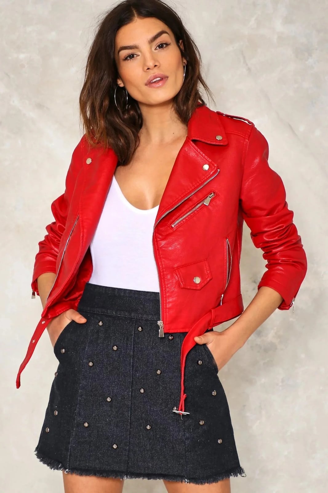 Cropped Red Leather Moto Jacket with Denim Skirt — Aesthetic Red Leather Jacket Outfit