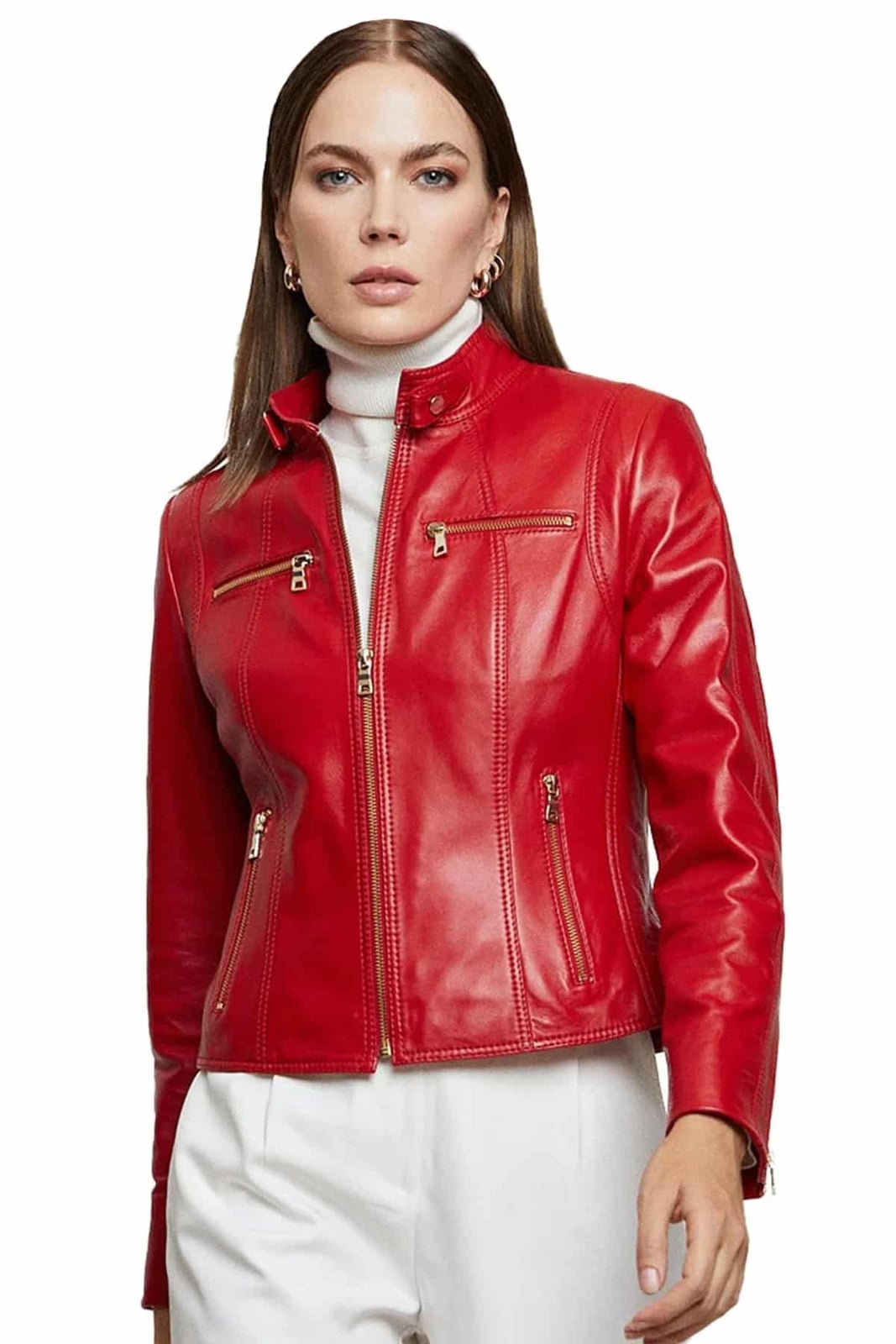 Fitted Red Leather Jacket with Stand-Up Collar — Aesthetic Red Leather Jacket Outfit