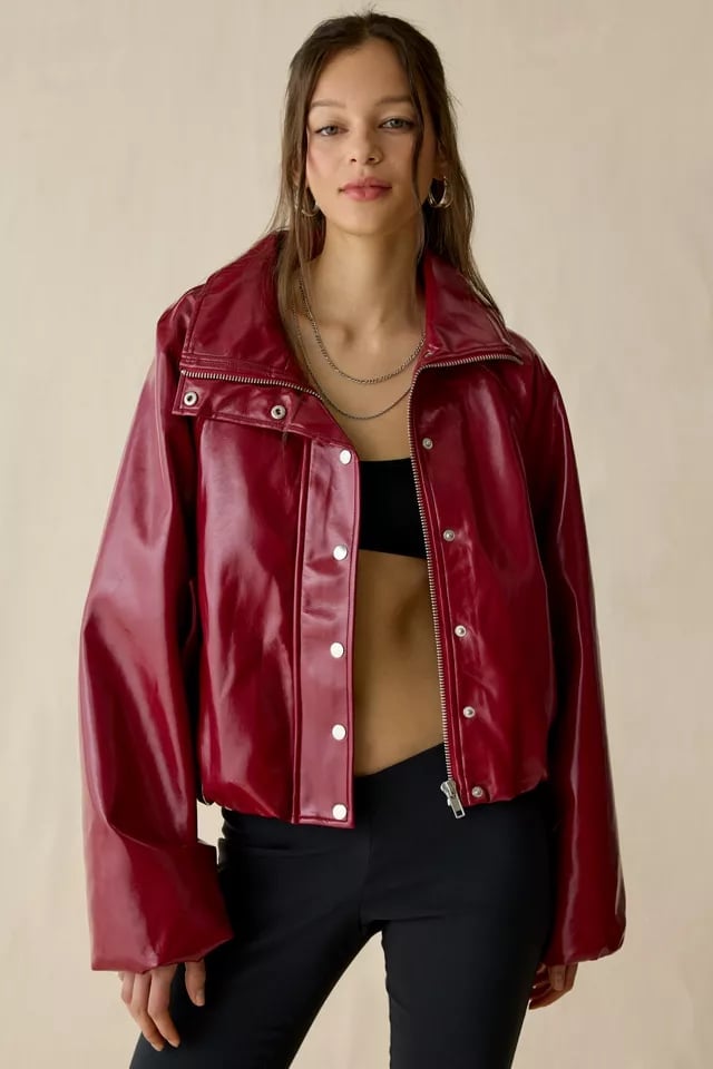 Oversized Red Faux Leather Jacket with Bralette, Close-Up Take — Aesthetic Red Leather Jacket Outfit