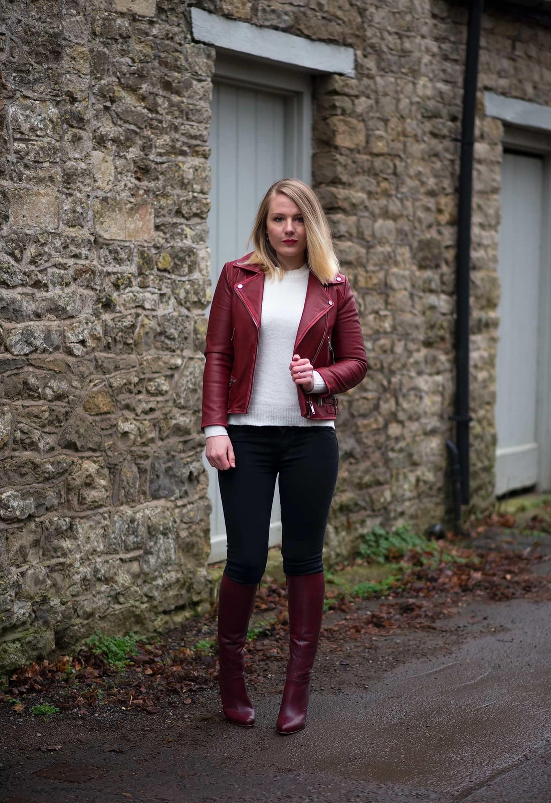 Fitted Red Leather Biker Jacket with Jeans and Black Boots — Aesthetic Red Leather Jacket Outfit