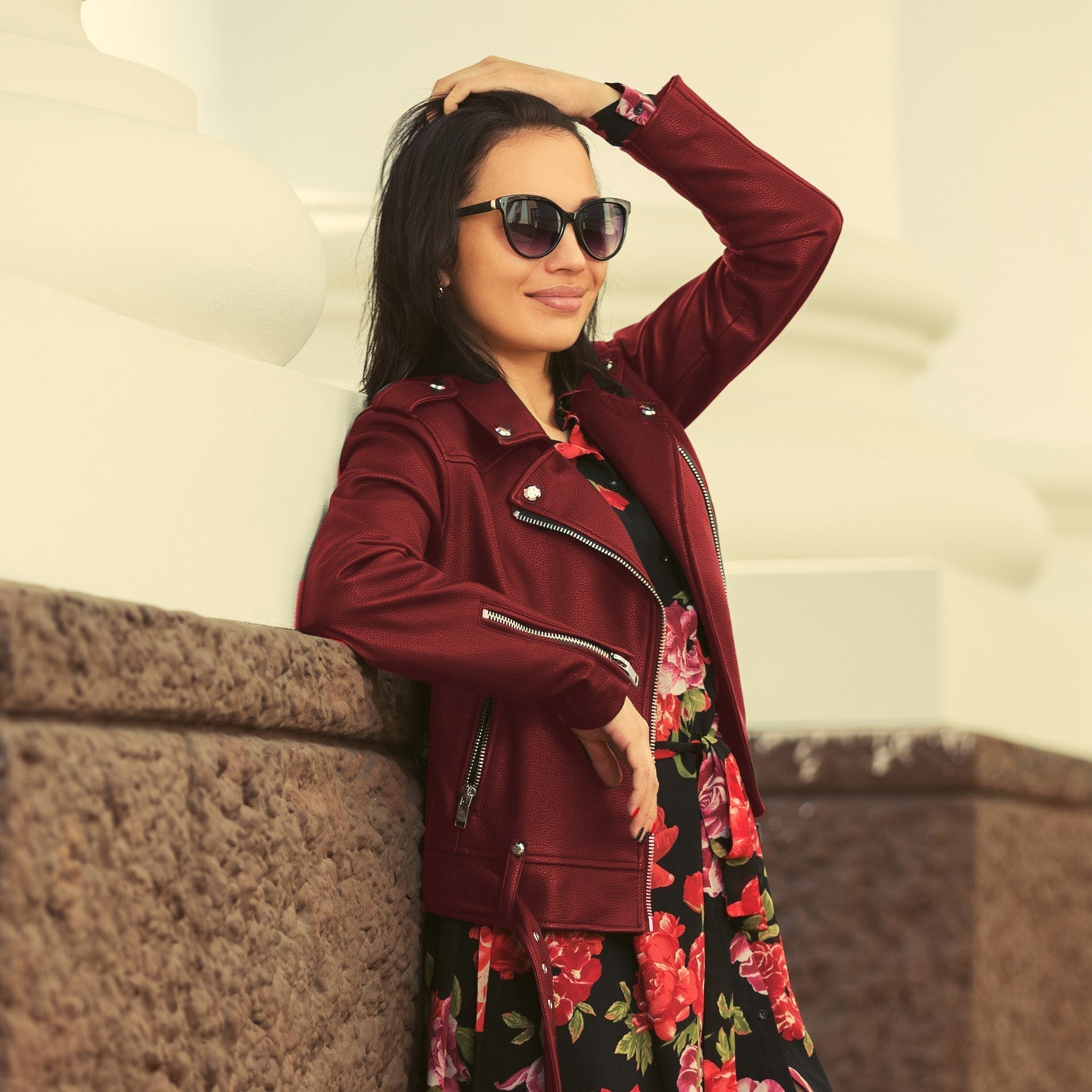 Burgundy Leather Jacket Over Floral Dress With She Wears Sunglasses — Aesthetic Red Leather Jacket Outfit