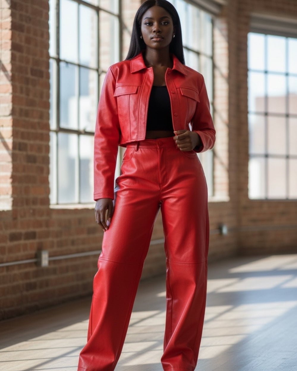Monochromatic Red Leather Matching Set — Aesthetic Red Leather Jacket Outfit