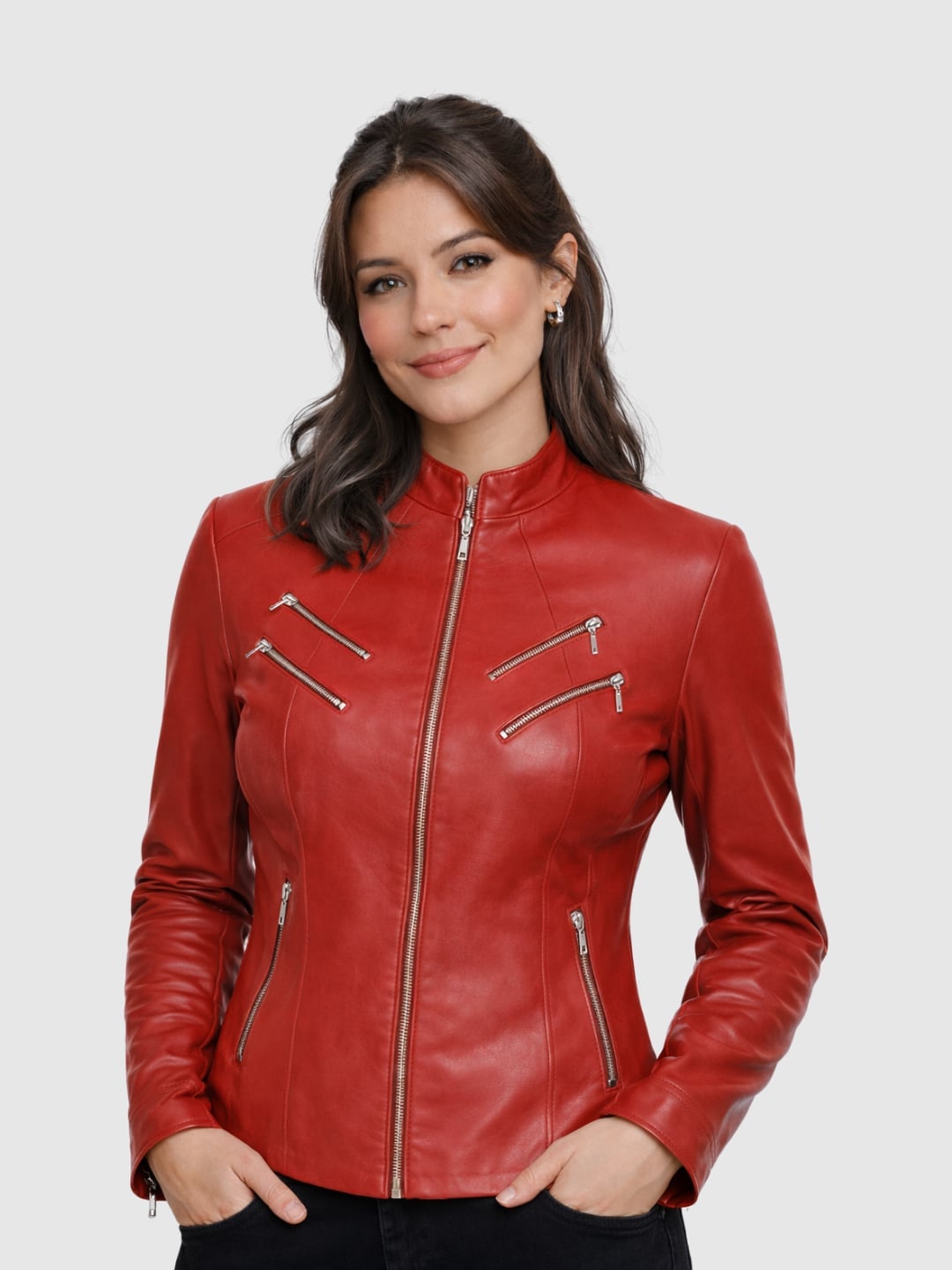Fitted Red Leather Jacket with Zippered Pockets — Aesthetic Red Leather Jacket Outfit