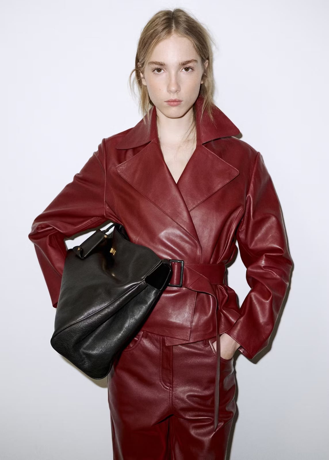 Red Leather Belted Jacket with Wide-Leg Trousers — Aesthetic Red Leather Jacket Outfit