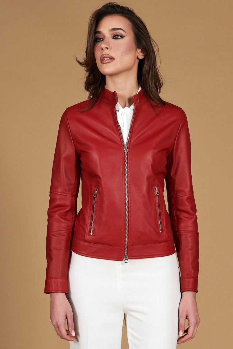 Fitted Red Leather Jacket with Tailored Trousers — Aesthetic Red Leather Jacket Outfit