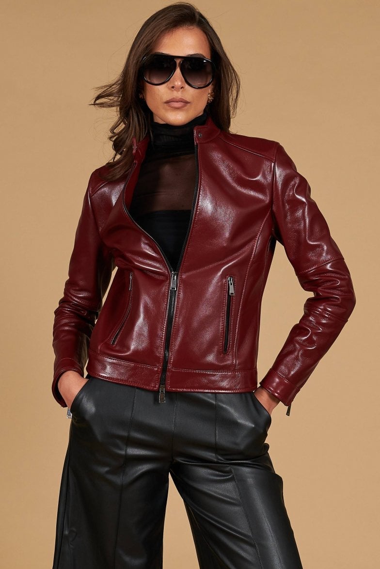 Burgundy Leather Jacket with Sheer Turtleneck — Aesthetic Red Leather Jacket Outfit