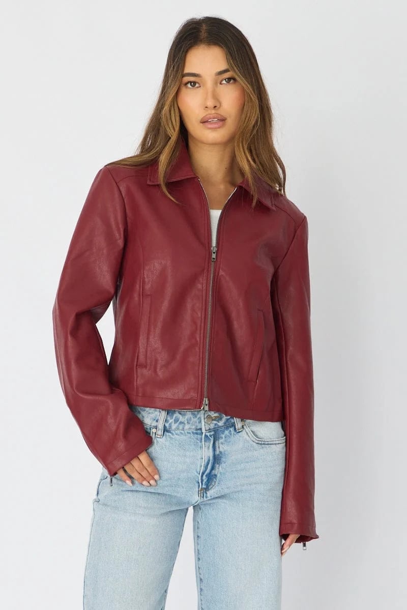 Cropped Red Faux Leather Jacket with Jeans — Aesthetic Red Leather Jacket Outfit