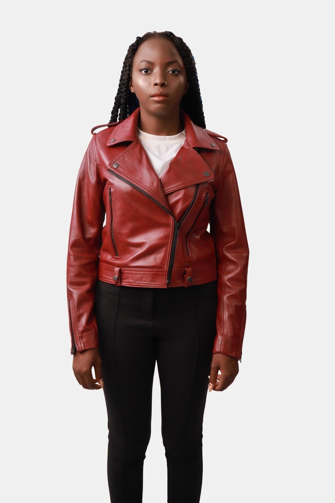 Red Leather Moto Jacket with Straight-Leg Trousers — Aesthetic Red Leather Jacket Outfit