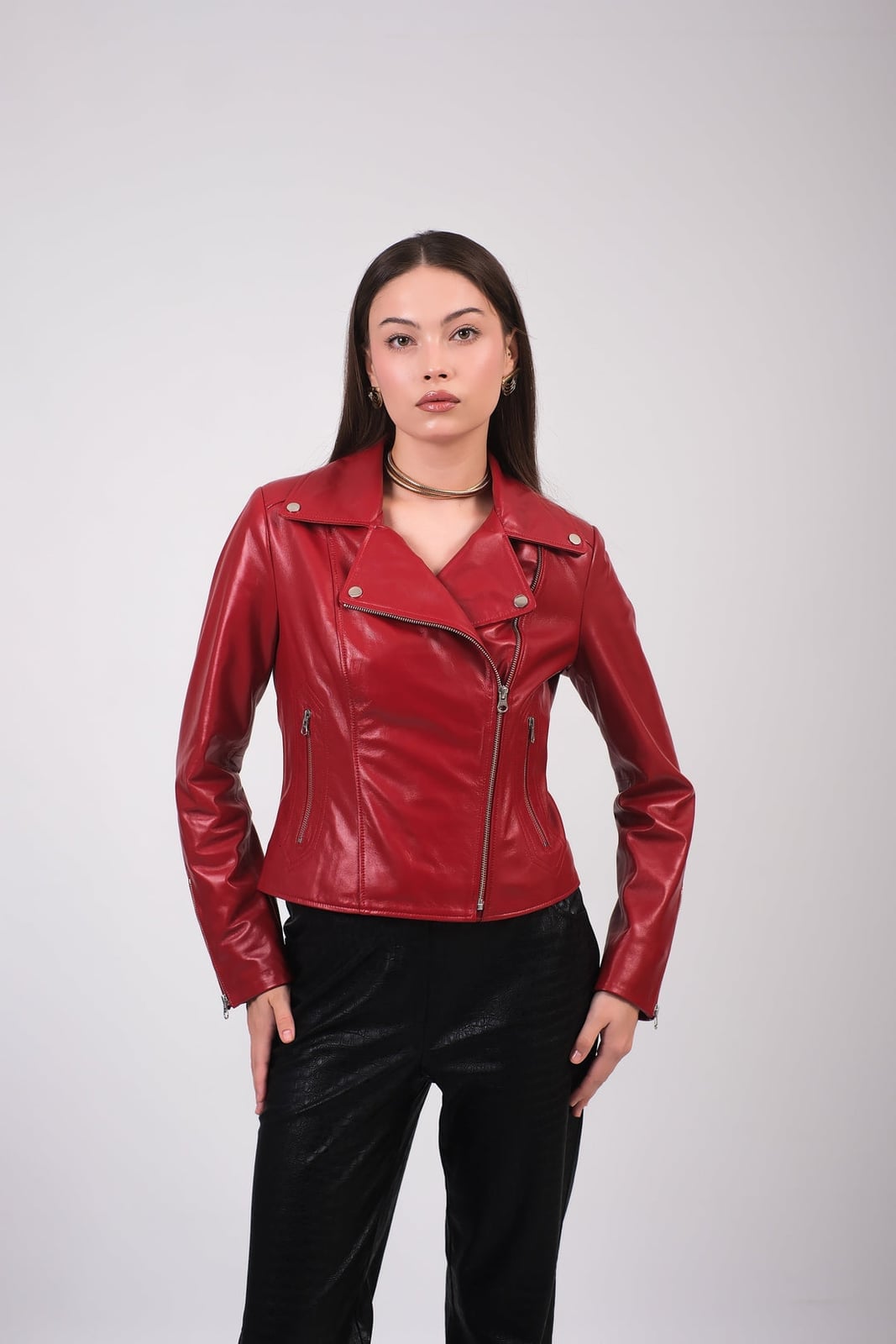 Fitted Red Leather Moto Jacket with Black Pants and Choker Necklace — Aesthetic Red Leather Jacket Outfit
