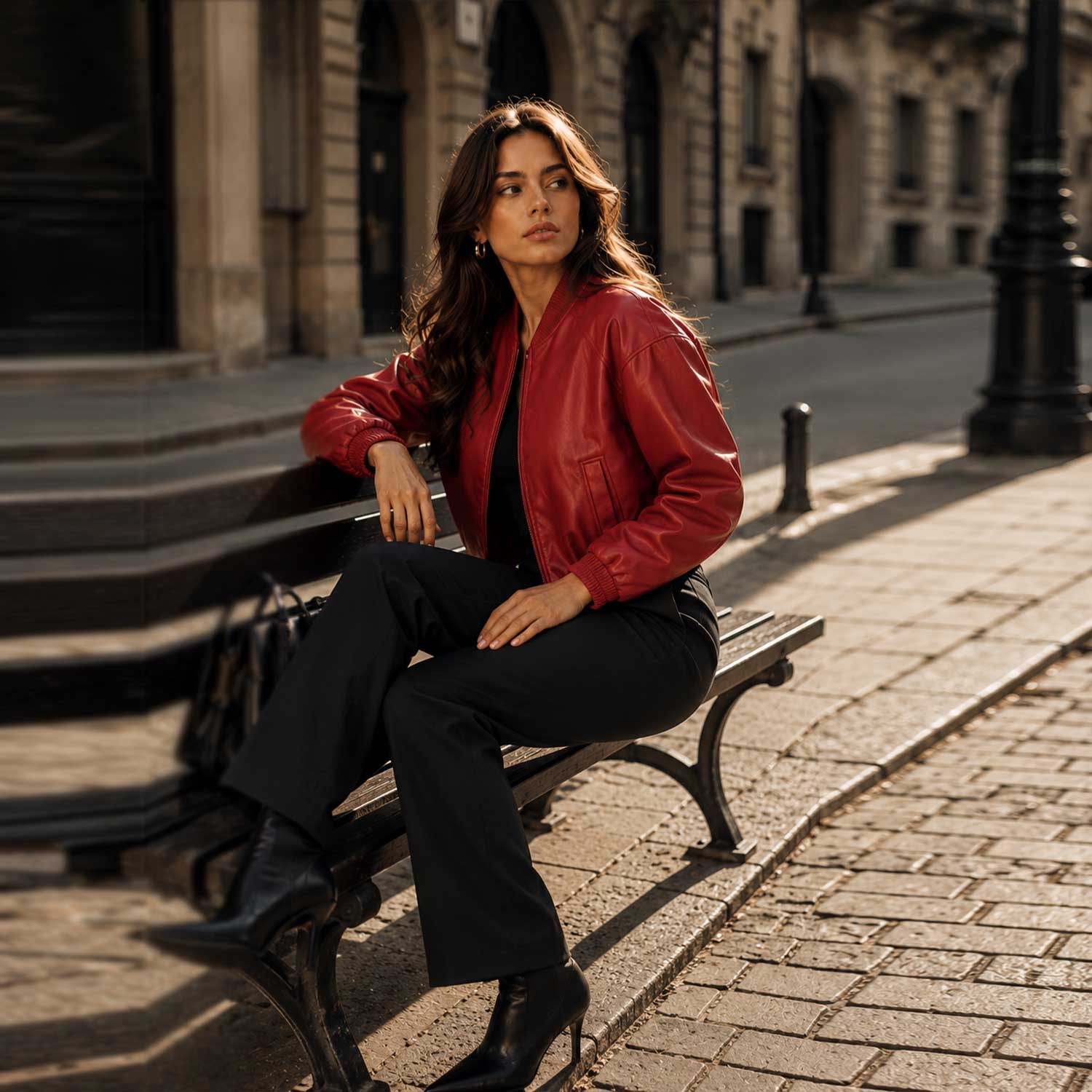 Red Leather Bomber Jacket with Black Trousers — Aesthetic Red Leather Jacket Outfit