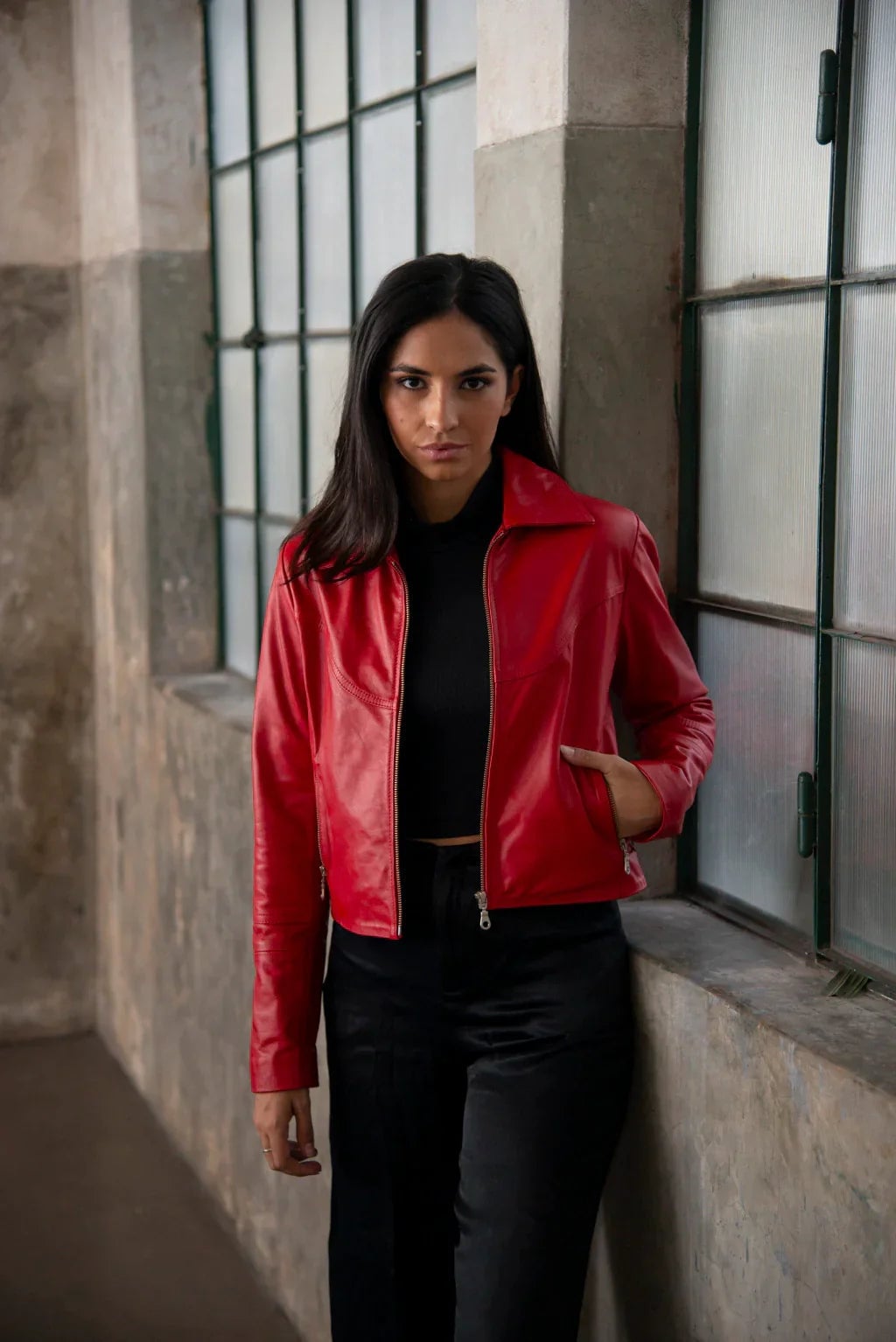 Fitted Red Leather Jacket with Black Turtleneck — Aesthetic Red Leather Jacket Outfit