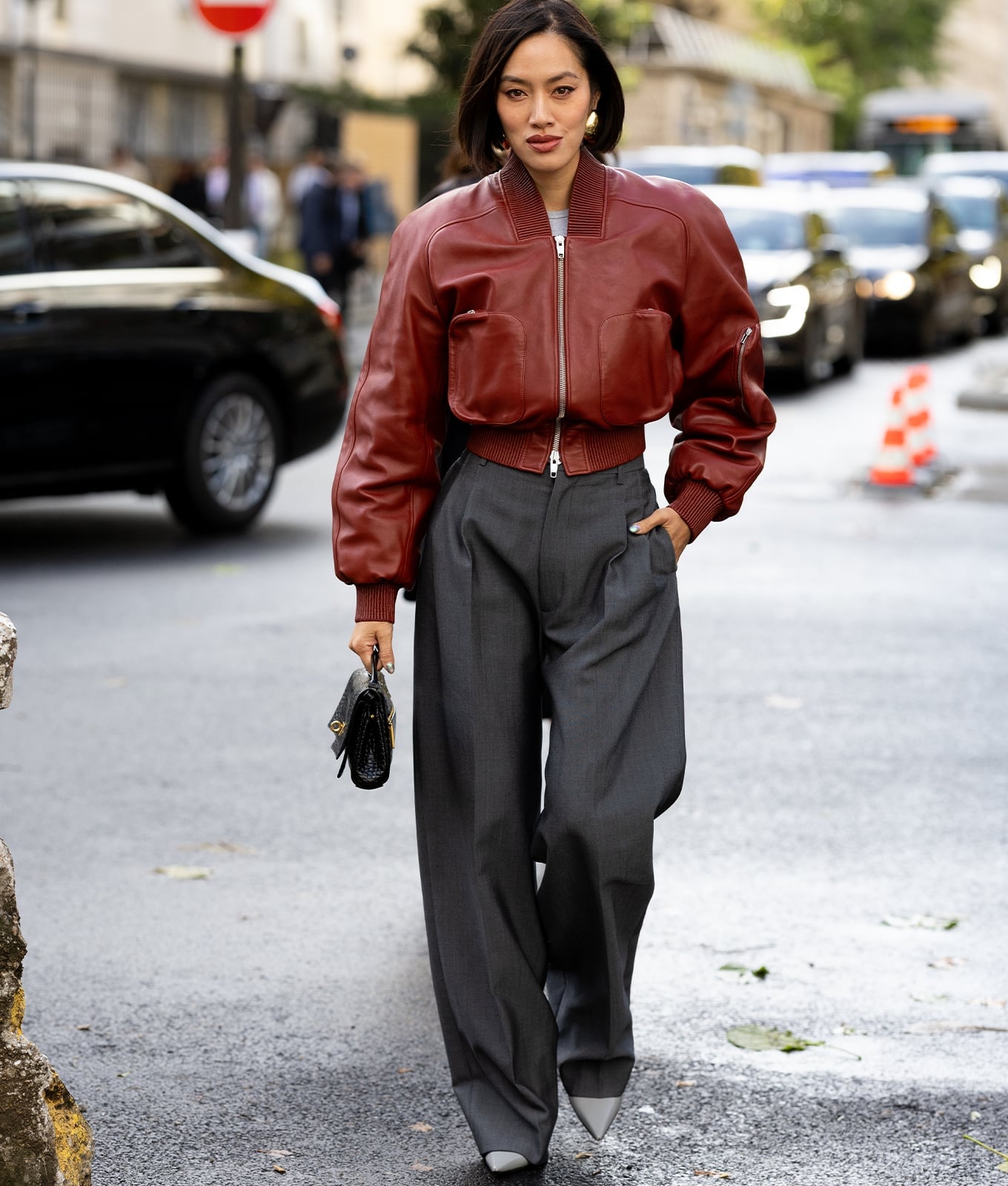 Oversized Red Leather Bomber with Grey Trousers — Aesthetic Red Leather Jacket Outfit