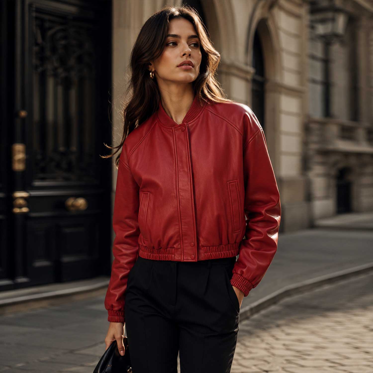 Cropped Red Leather Jacket and Wide-Leg Pants — Aesthetic Red Leather Jacket Outfit