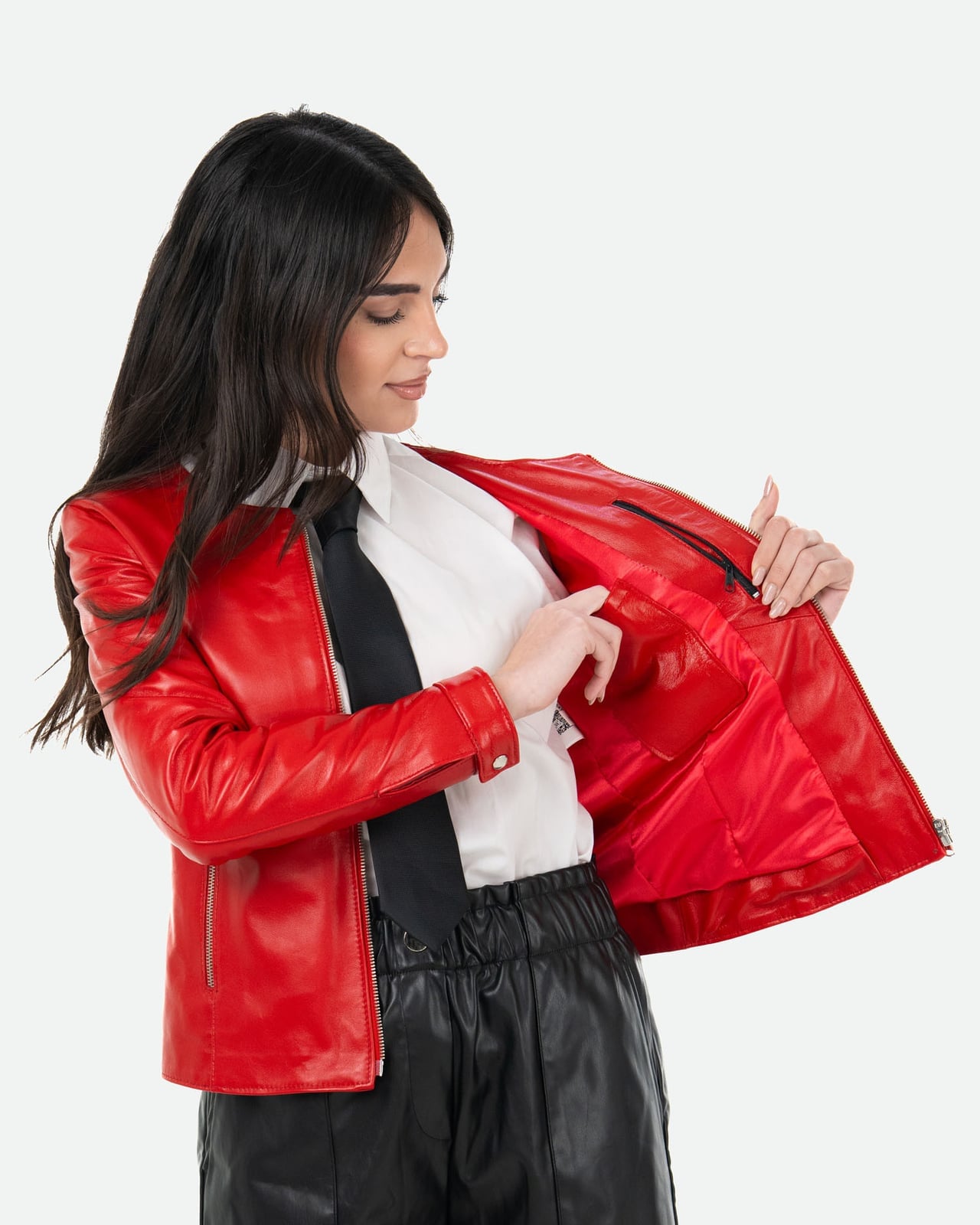 Fitted Red Leather Jacket with Shirt and Tie — Aesthetic Red Leather Jacket Outfit