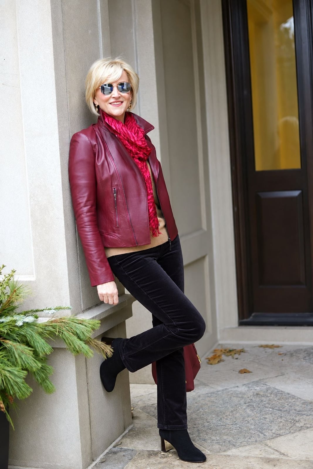 Burgundy Leather Jacket with Corduroy Trousers — Aesthetic Red Leather Jacket Outfit