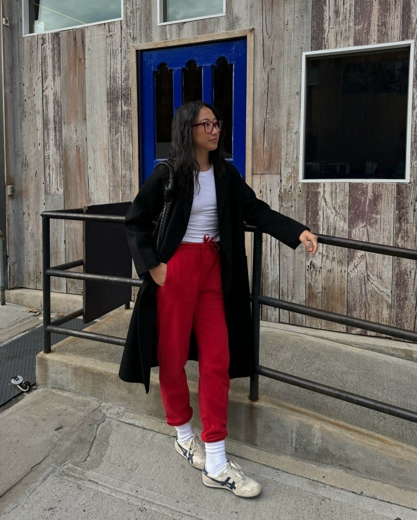 Bright Red Sweatpants with Black Trench Coat — Aesthetic Red Sweatpants Outfit