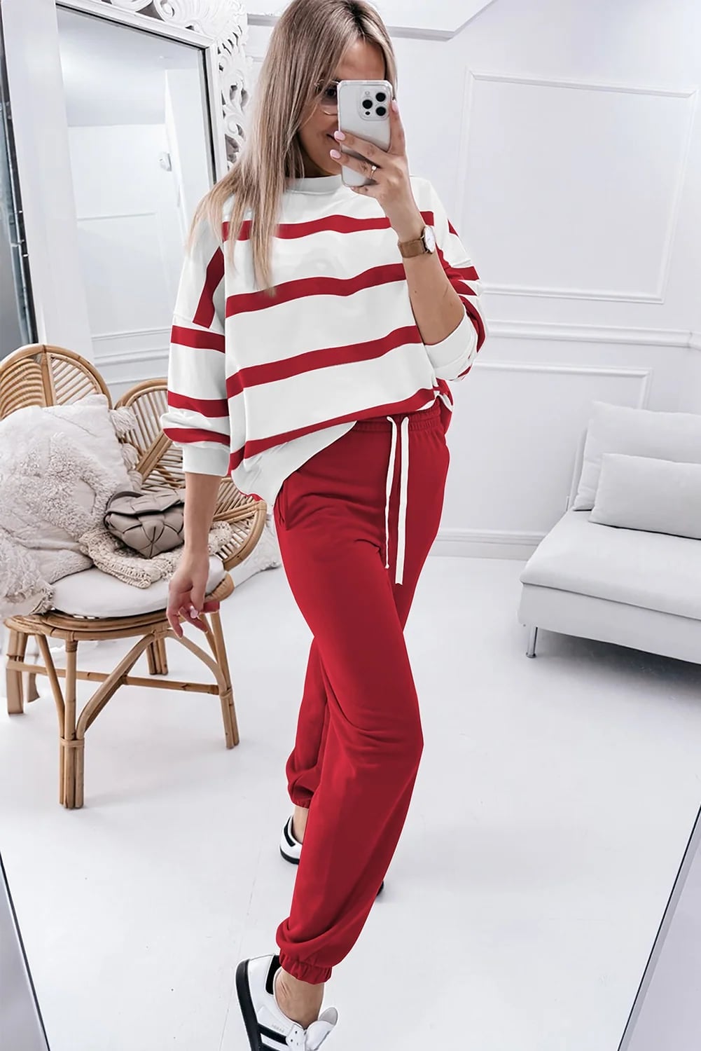 Red Sweatpants with Striped Long Sleeve Top — Aesthetic Red Sweatpants Outfit