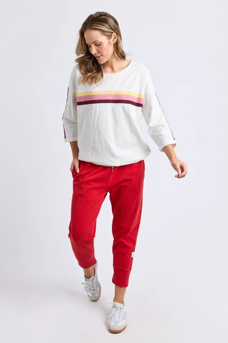 Red Velour Sweatpants with Striped Top — Aesthetic Red Sweatpants Outfit