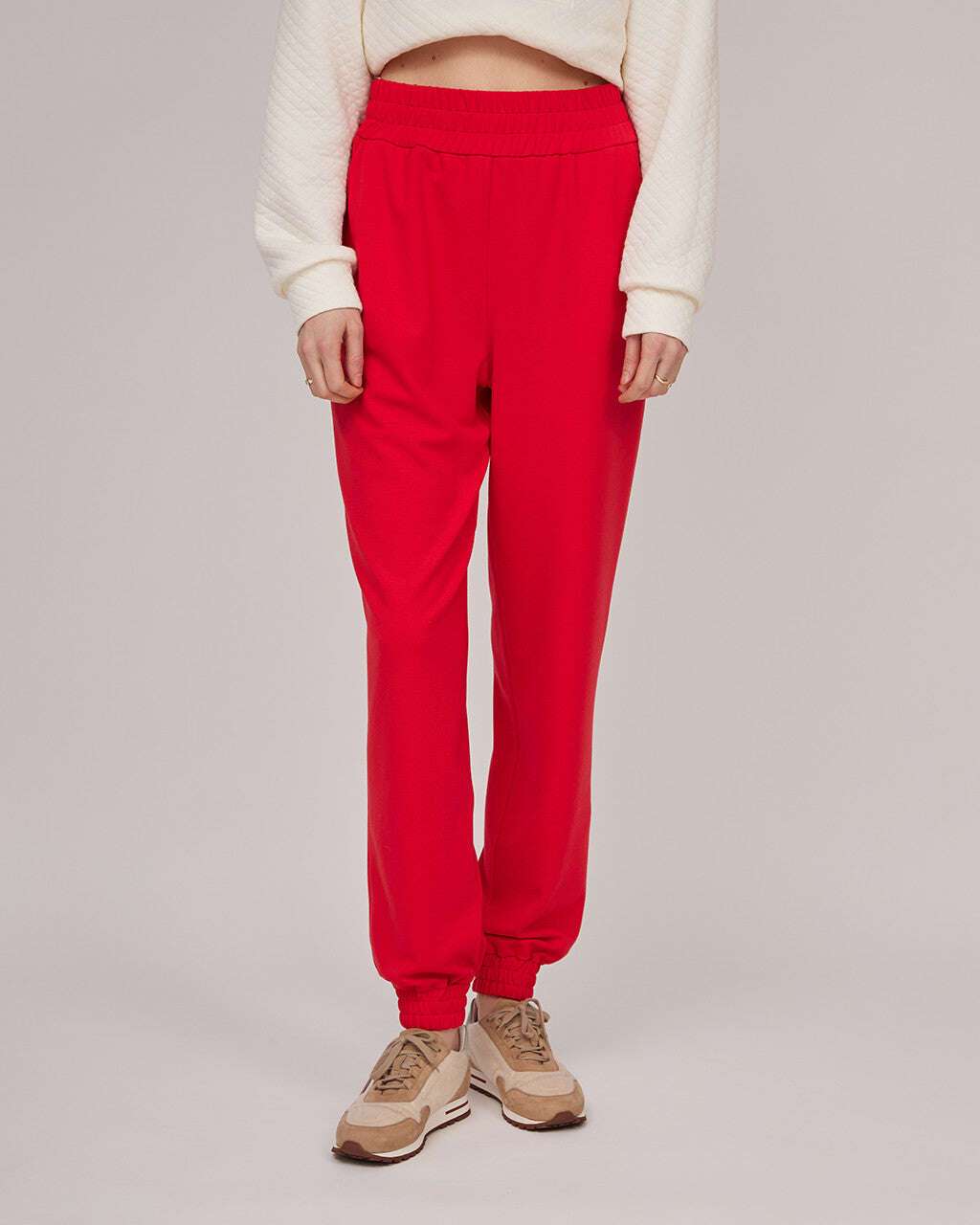 Vibrant Red Sweatpants with Quilted Sweatshirt — Aesthetic Red Sweatpants Outfit