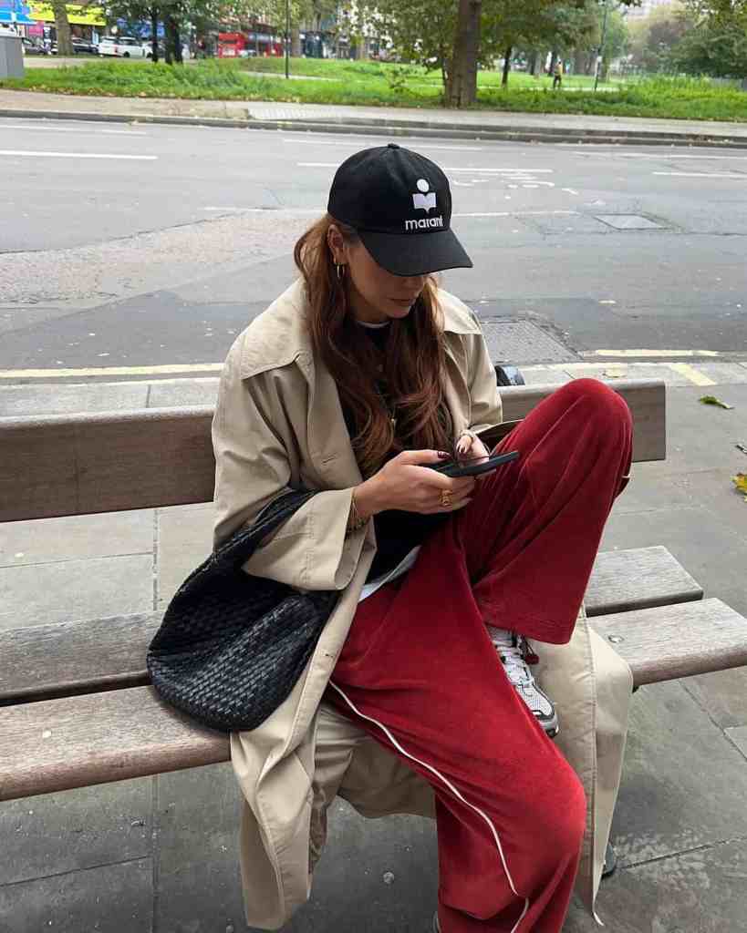 Red Velour Wide-Leg Pants with Trench Coat — Aesthetic Red Sweatpants Outfit