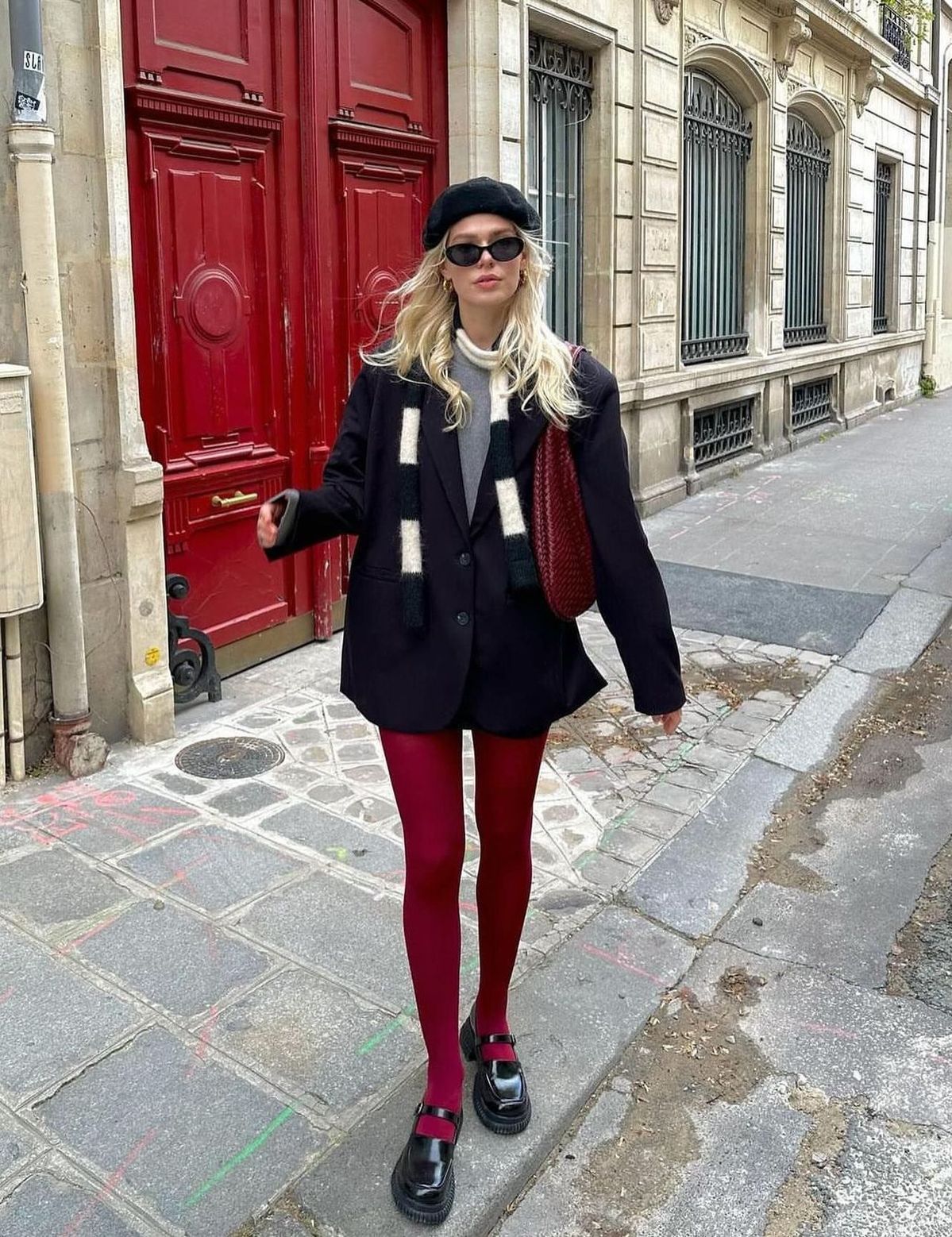 Burgundy Tights With Loafers And Oversized Blazer — Aesthetic Red Tights Outfit