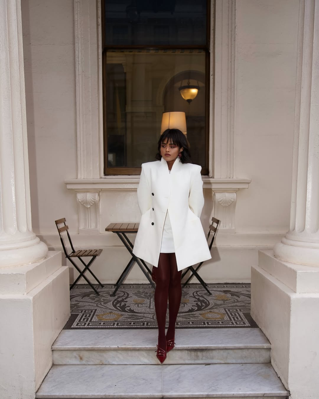 Burgundy Tights With White Blazer And Red Heels — Aesthetic Red Tights Outfit
