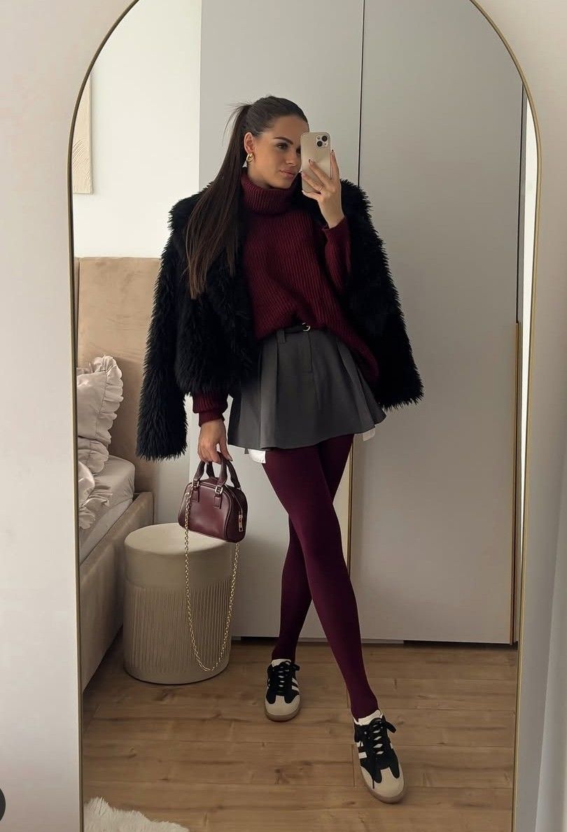 Faux Fur Jacket With Grey Skirt And Sneakers — Aesthetic Red Tights Outfit