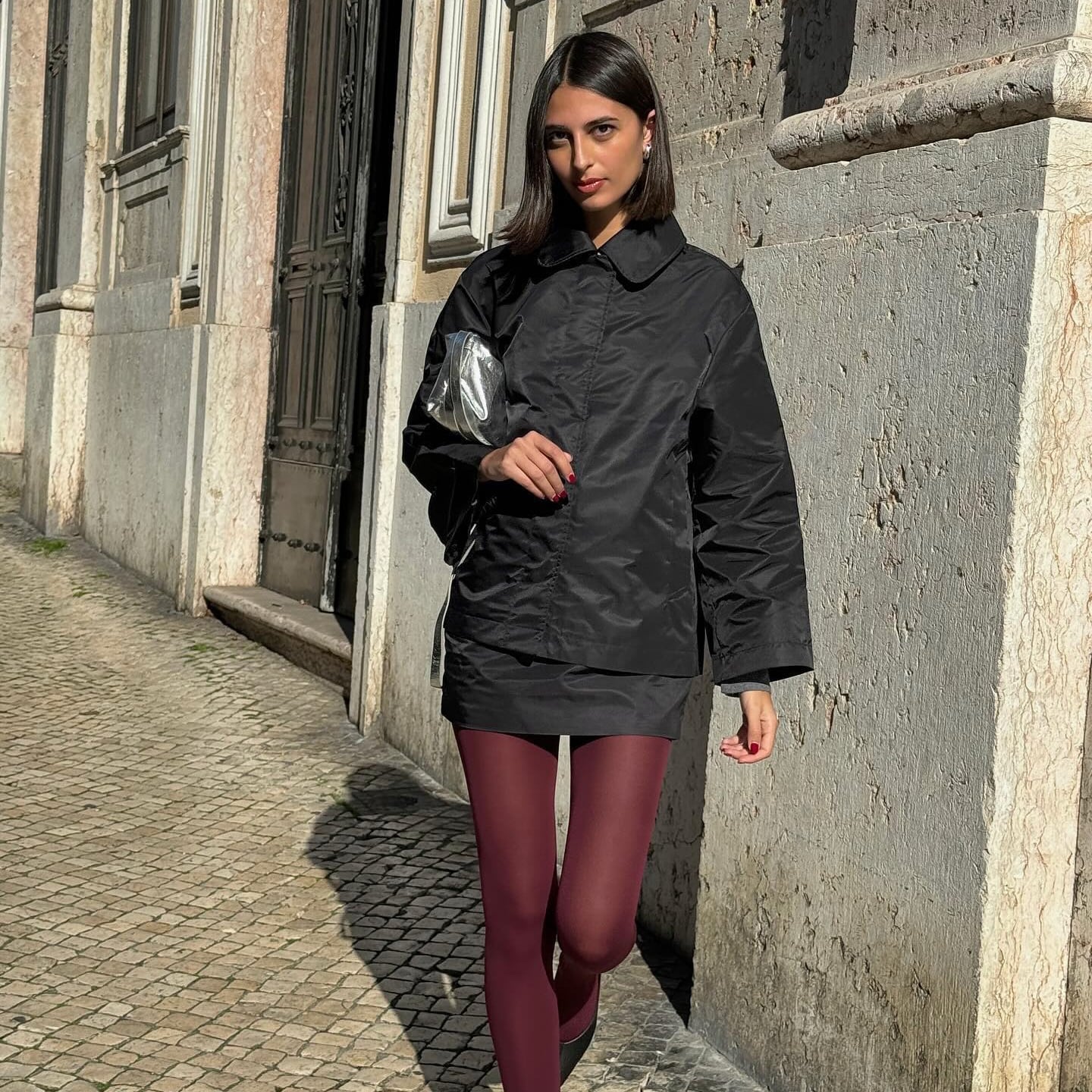 Burgundy Tights With Black Nylon Jacket And Heels — Aesthetic Red Tights Outfit