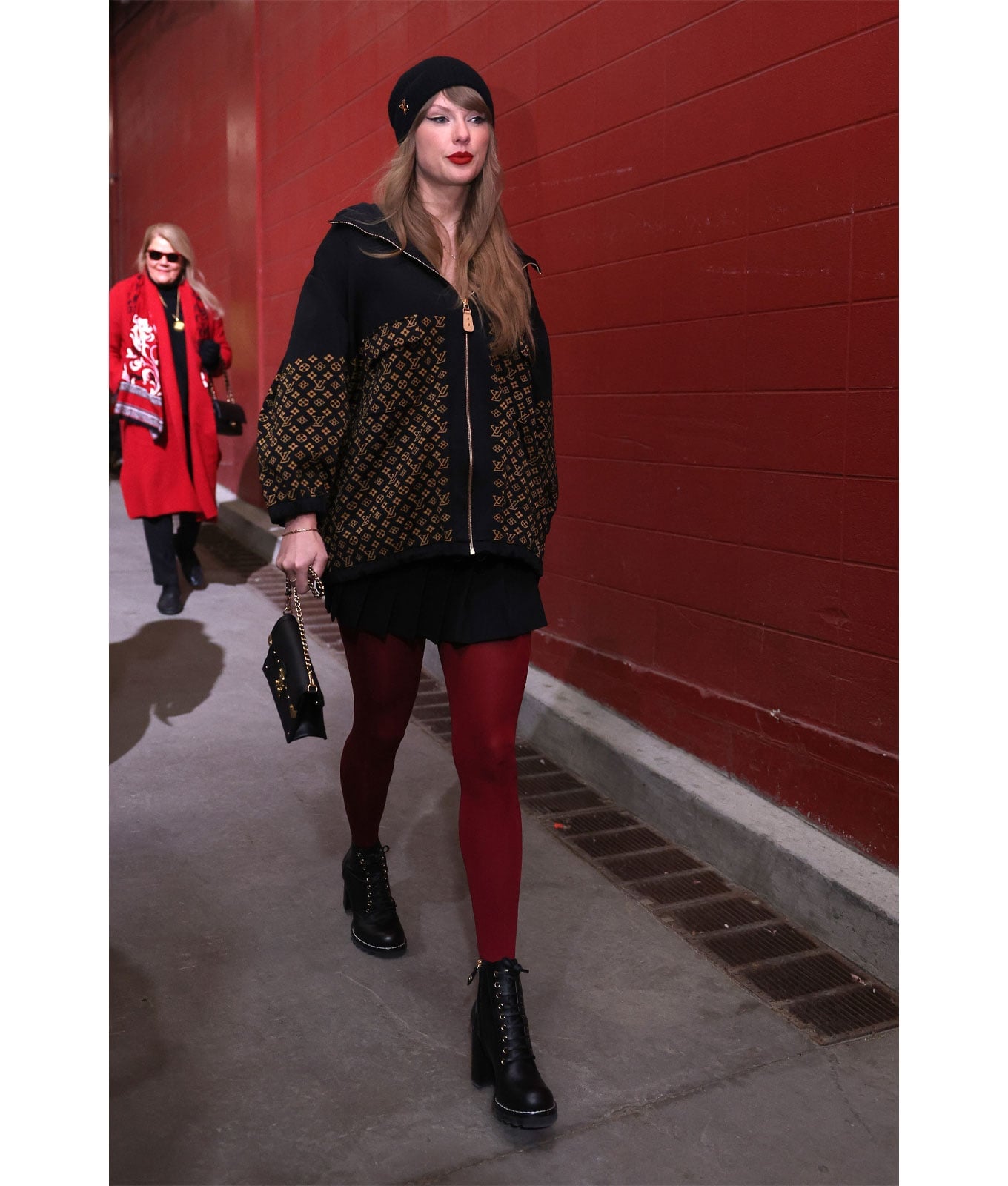 Burgundy Tights With Hooded Jacket And Boots — Aesthetic Red Tights Outfit