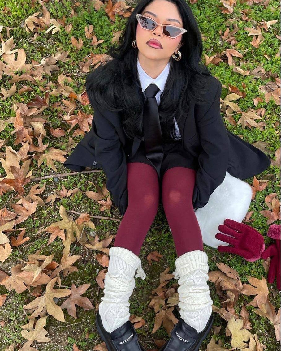 Burgundy Tights With Loafers And Oversized Blazer, Close-Up Take — Aesthetic Red Tights Outfit
