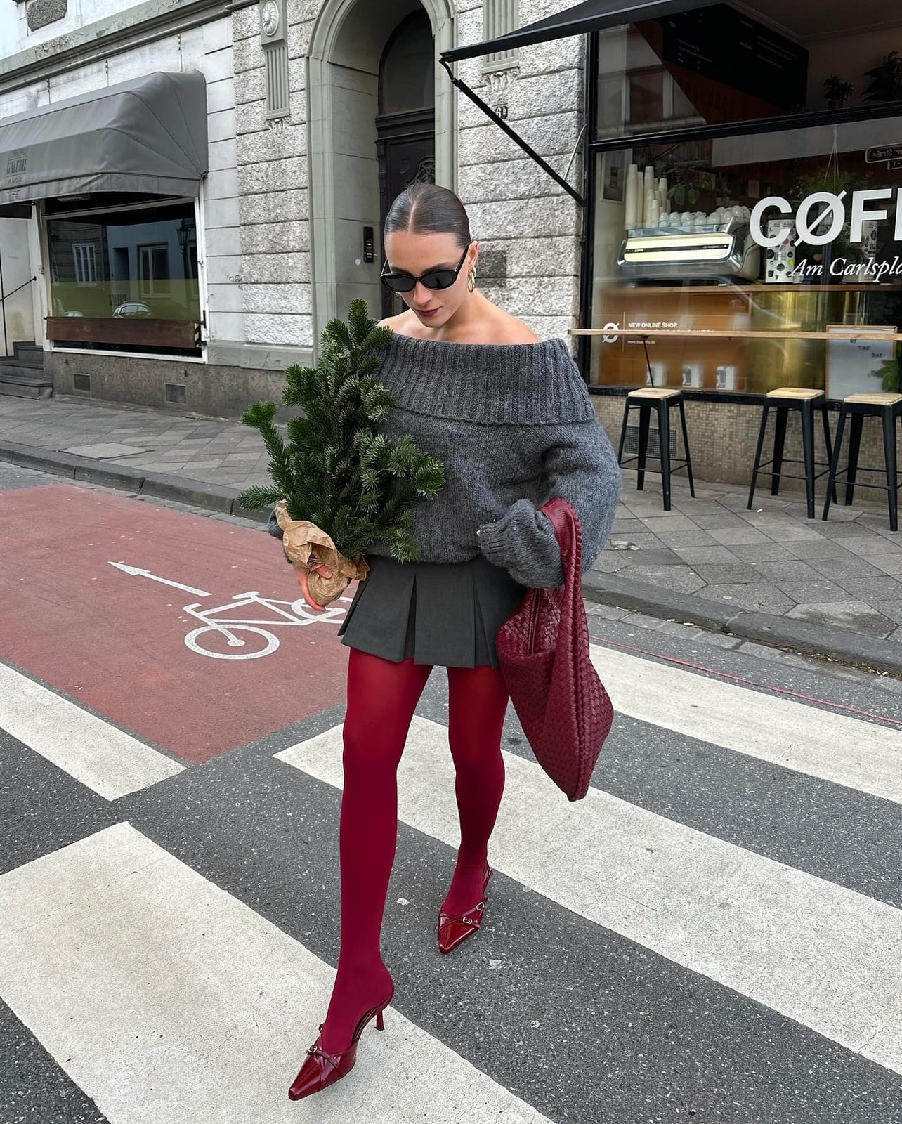 Red Tights With Grey Knit Sweater And Mini Skirt — Aesthetic Red Tights Outfit