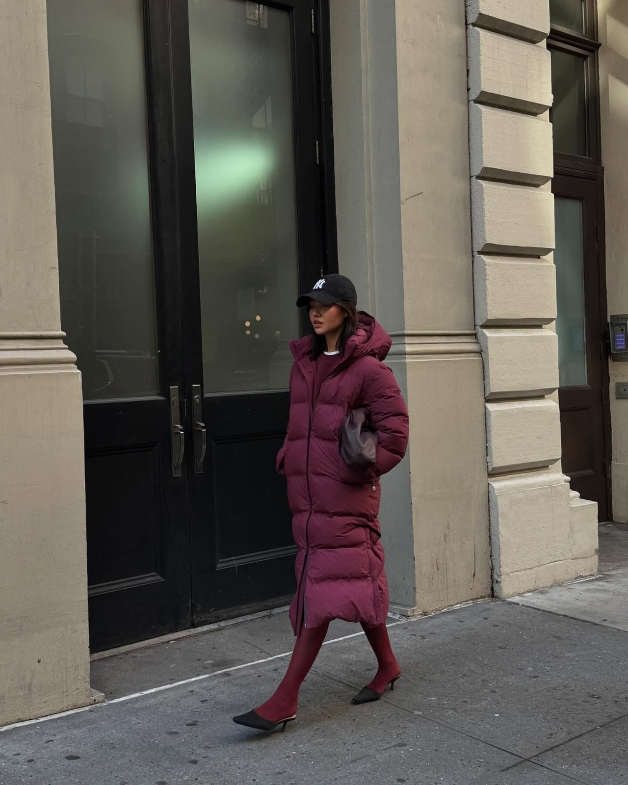 Burgundy Tights With Puffer Coat And Heels — Aesthetic Red Tights Outfit