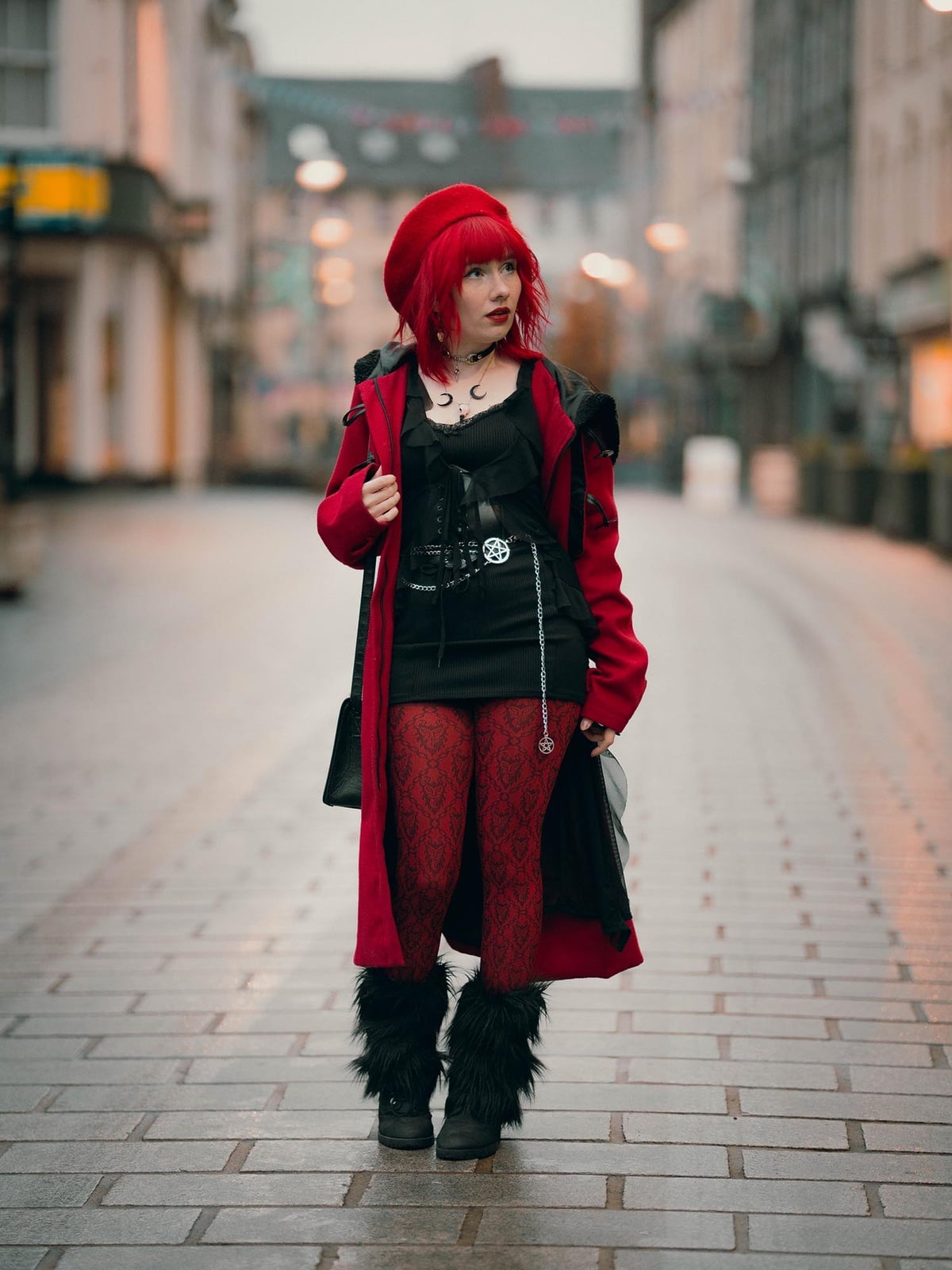 Red Patterned Tights With Gothic Outfit — Aesthetic Red Tights Outfit