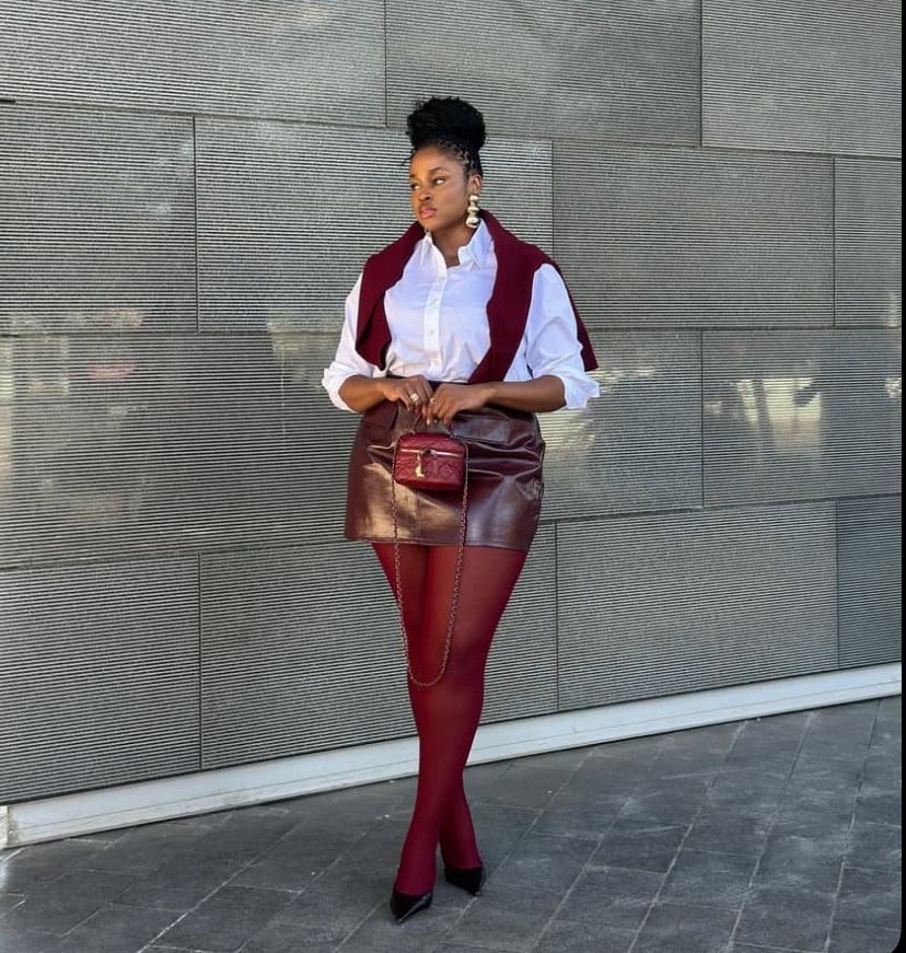 Burgundy Tights With Leather Mini Skirt And Shirt — Aesthetic Red Tights Outfit