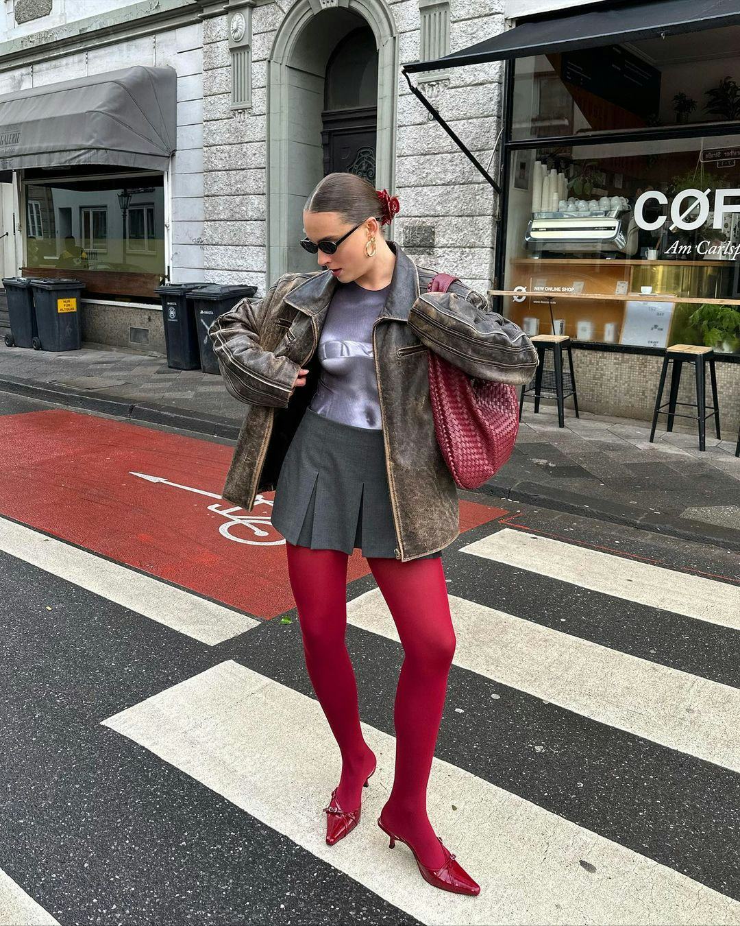 Red Tights With Graphic Tee And Leather Jacket — Aesthetic Red Tights Outfit