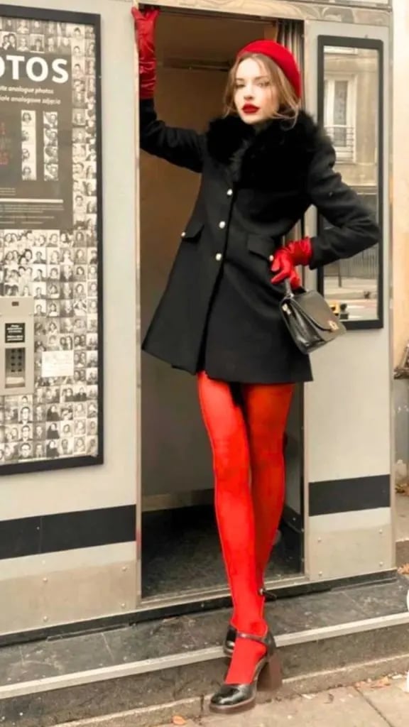 Red Tights And Gloves With Fur Collar Coat — Aesthetic Red Tights Outfit