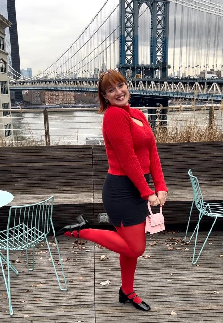 Bright Red Tights With Cropped Sweater And Mini Skirt — Aesthetic Red Tights Outfit