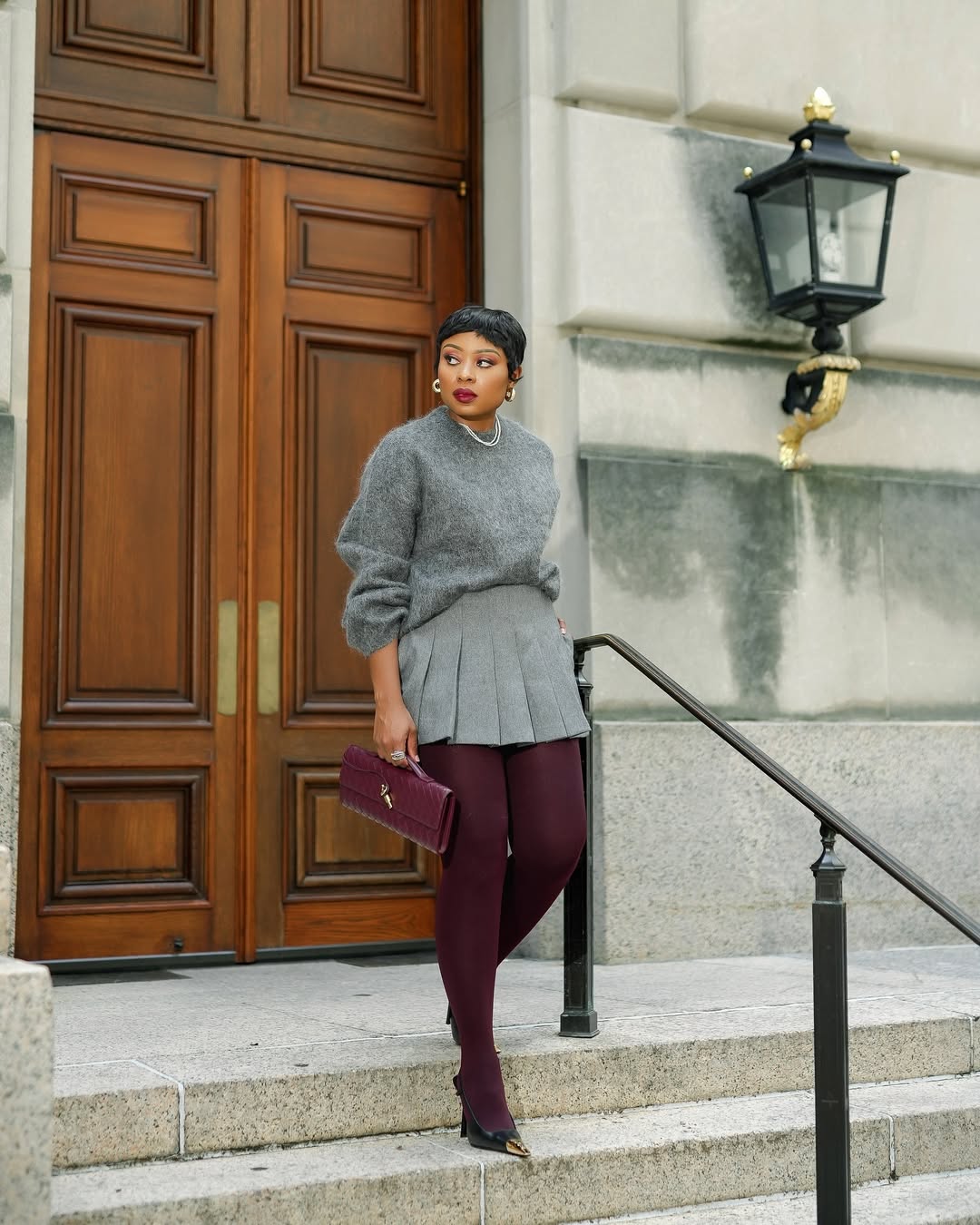 Grey Sweater And Skirt With Burgundy Clutch — Aesthetic Red Tights Outfit