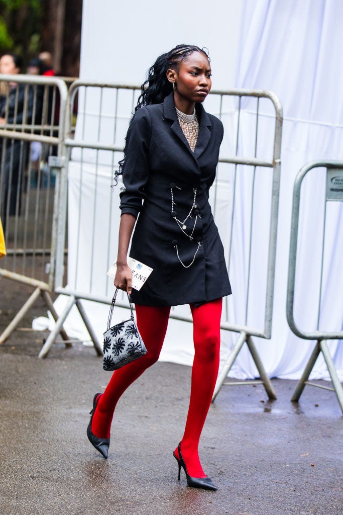 Bright Red Tights With Embellished Top And Mini Dress — Aesthetic Red Tights Outfit