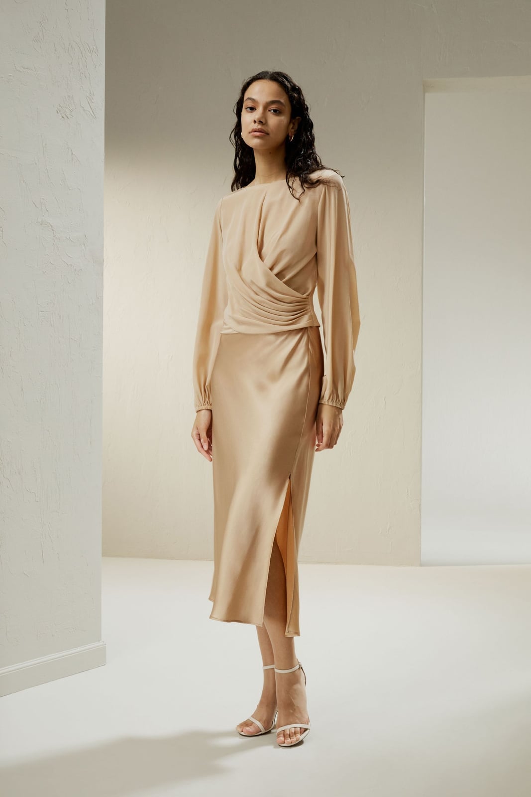 Beige Satin Midi Dress with Surplice Neckline Beige Satin Midi Dress with Surplice Neckline — Aesthetic Satin Dresses